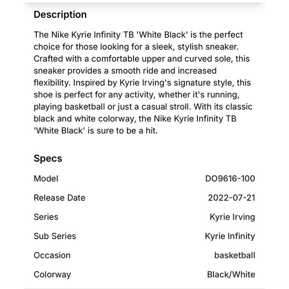 Nike Men\'s Size 10.5 Kyrie Infinity Basketball Shoes Sneakers Black White Oreo